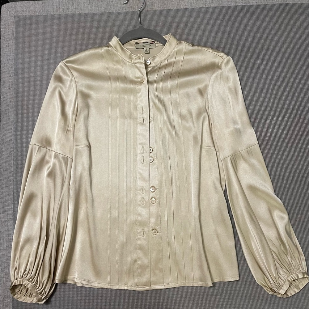 Burberry gold long-sleeved button-down silk blouse, size S